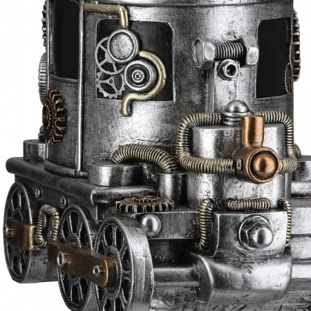 Ghiveci, Locomotivă, Motiv roți dințate, Rășină sintetică, argintie, PU 1, L. 18 cm, L. 26 cm, H 20 cm [3]