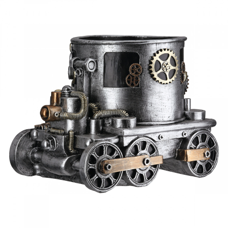 IN STOC - Ghiveci, Locomotivă, Motiv roți dințate, Rășină sintetică, argintie, PU 1, L. 18 cm, L. 26 cm, H 20 cm
