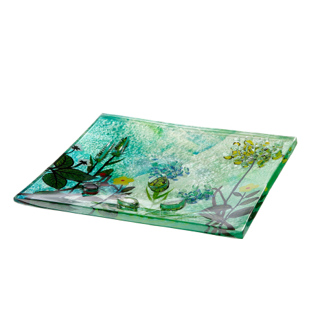 SALE % - Glass Art, Bol, patrat, "Wild Flowers", Design linie simpla, Sticla, multicolora, L. 20 cm, l. 20 cm, H. 6.5 cm