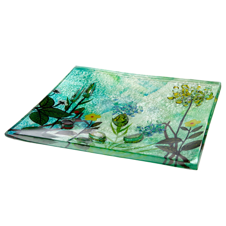 Glass Art, Bol, patrat, "Wild Flowers", Design linie simpla, Sticla, multicolora, L. 20 cm, l. 20 cm, H. 6.5 cm [1]