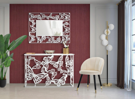 SALE % - Masa consola Butterfly, fier/oglinda, alb,  121.5X41X81 cm