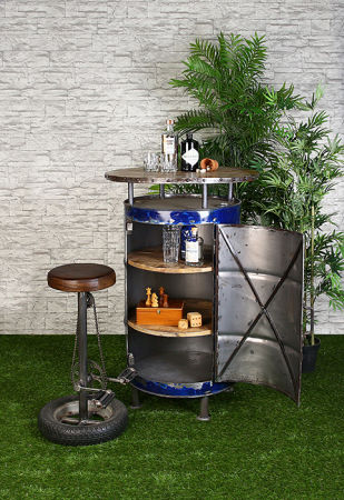 IN STOC - Masa de bar Barrel metal, albastru industrial, 76x116 cm