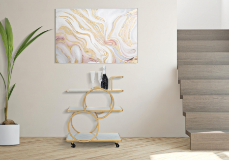 SALE % - Masuta de servire pe roti Glass, Fier/MDF/Sticla, Auriu/Multicolor, 79x64x46 cm