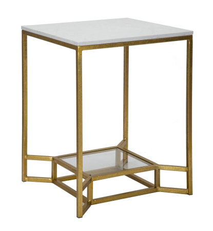 SALE % - Masuta, fier/sticla/marmura artificiala, auriu/alb, 47X47X60 cm
