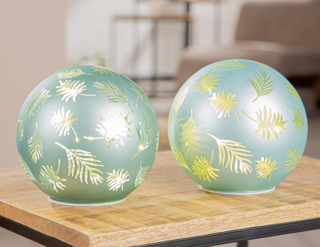 Obiect decorativ (LED), rotund, motiv frunze, sticlă, verde, PU 2, H 14 cm, D 15 cm [3]