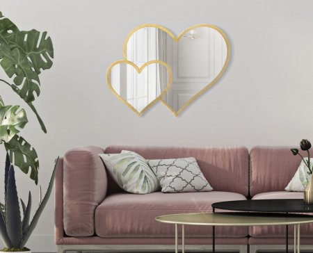 Oglinzi - Oglinda de perete Double heart, fier/oglinda/MDF, auriu, 65X2X50 cm