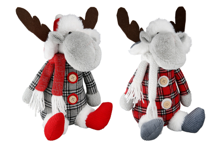 Jucarii de plus - Opritor de usa, Moose, "Snorre", in carouri, Material textil, gri, rosu, PU 2, 2 asortate, L. 20 cm, l. 23 cm, H 31 cm
