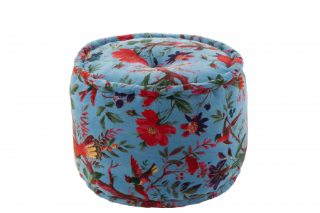 SALE % - Puf Rotund Pasari/Flori, Bumbac, Catifea, Albastru