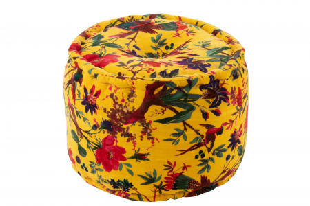 SALE % - Puf Rotund Pasari/Flori, Bumbac, Catifea, Galben