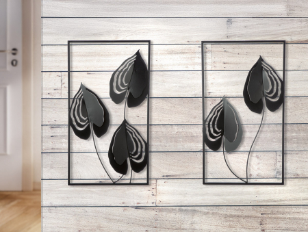 Relief de perete, Dubia, Motiv frunze, Metal, negru, PU 4, 2 buc. asortate, L. 1,5 cm, L. 30 cm, H. 55 cm [3]