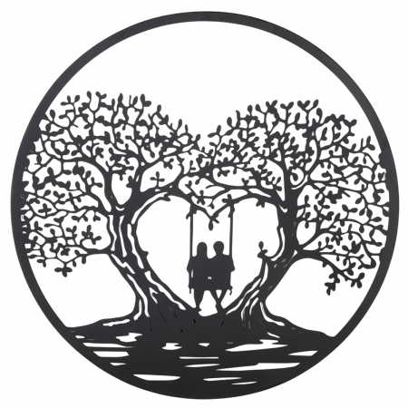 Relief de perete, rotund, Leagăn inimă, Motiv copac, motiv inimă, motiv cuplu, Metal, negru, PU 2, L. 1 cm, D. 80 cm [2]