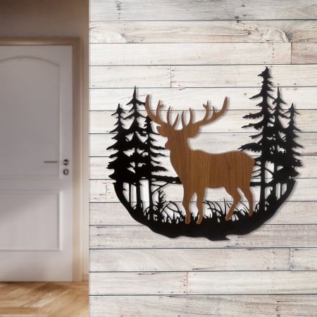 DECORATIUNI - Relief mural, „Waldhirsch”, motiv cu cerbi, metal, negru, PU 2, L. 2 cm, l. 60 cm, H 55 cm
