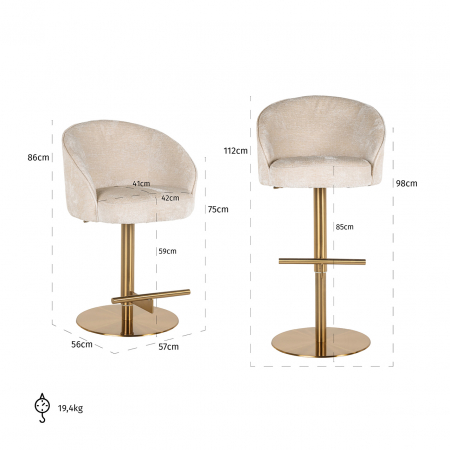 Scaun de bar ajustabil Zabi, alb/auriu, 112x57x56 [4]