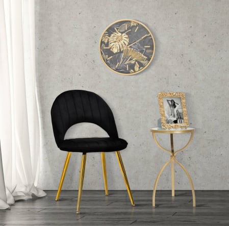 Scaune dining - Scaun Flex, Lemn/MDF/Burete/Catifea/Fier, Negru/Auriu, 75x51x28 cm