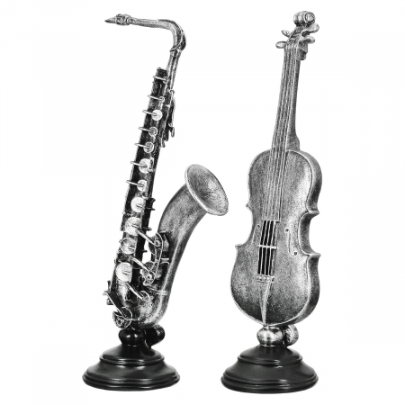 SALE % - Sculptură, Violoncello & Saxofon, Polirășină, argintie, PU 2, 2 buc. asortate, L. 10 cm, L. 14,5 cm, H. 36,5 cm