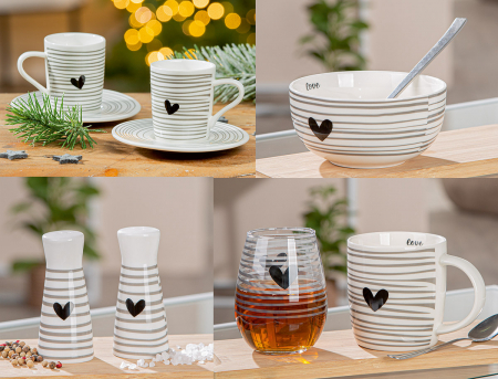 DINING - Serie 23 buc., Motiv inimă, dungi, Porțelan, alb, PU 1