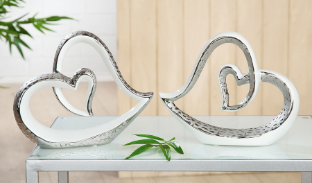 SALE % - Set 2 decoratiuni inimi Scolare, ceramica, argintiu/alb, 24.5x20x7 cm