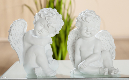 IN STOC - Set 2 figurine Angel sitting, rasina, alb, 13x17.5 cm
