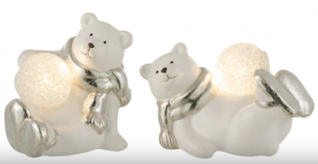 Mos Craciun - Set 2 figurine ursulet cu LED, Ceramica, Argintiu, 16x10x13