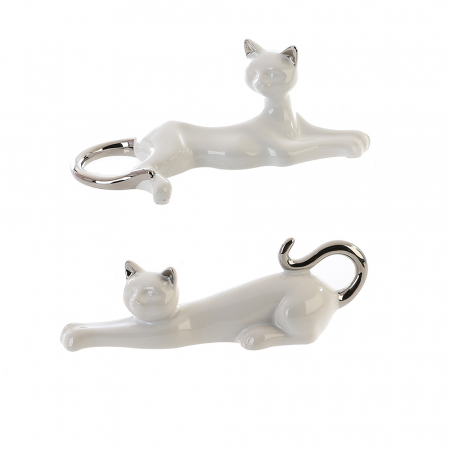 IN STOC - Set 2 figurine pisica Milly, ceramica, alb/argintiu, 20.5x8 cm