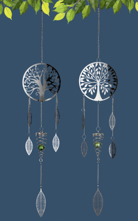 Clopotei de vant si ghirlande - Set 2 ghirlande Tree of Life, otel, argintiu, 13x80 cm