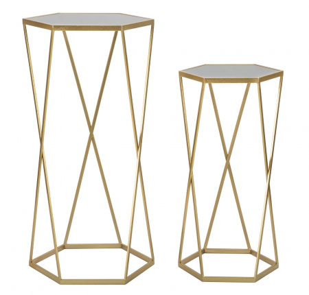 SALE % - Set 2 masute Esagonal, Fier/MDF/Oglinda, Auriu, 100/80x50/40x50/40 cm