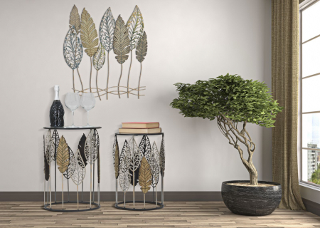 Masute - Set 2 masute Foglie, Fier/MDF/Sticla, Multicolor,  38X55-33X50 cm