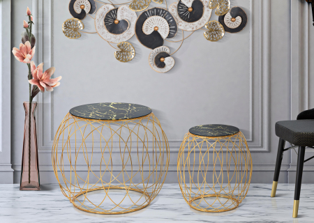 Masute - Set 2 masute, Fier/Sticla, Auriu/Negru, 56/45x68/43 cm