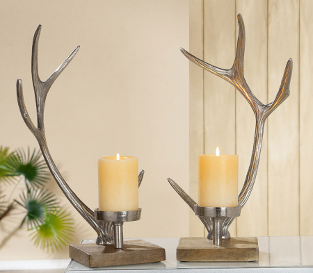 SALE % - Set 2 suporturi lumanari ANTLER, aluminiu/mango, 19.5x14x41.5 cm