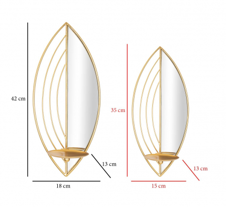 Set 2 suporturi lumanari pentru perete Leaf, Fier/Oglinda, Auriu, 41/35x18/15x13/13 cm [5]