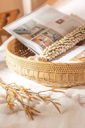 Accesorii - Set 2 tavite ratan, Lemn, Natural, 52x52x14.5