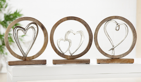 SALE % - Set 3 decoratiuni Hearts, aluminiu/lemn, argintiu/maro, 20.5x26x5 cm