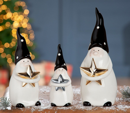 Mos Craciun - Set 2 decoratiuni Santa Starshine, Ceramica, Alb/Negru, 5x6.5x12 cm