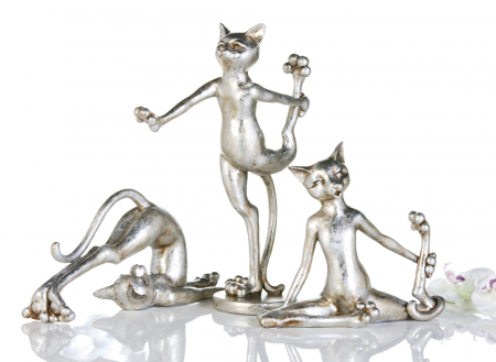 SALE % - Set 3 figurine Cat Aerobic, rasina, argintiu, 26x38x12 cm