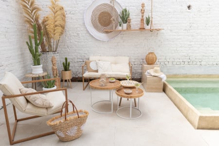 SALE % - Set 3 masute laterale, Fibre naturale, Natural, 53x53x55