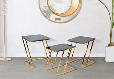 SALE % - Set 3 masute Simple, Fier/Sticla, Auriu/Negru, 55/51/45x50.5/49/47x44/39/34 cm