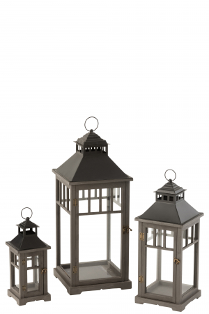 Suporturi lumanari - Set 3 felinare Jolipa, Lemn, Negru, 30.5x30.5x85 cm