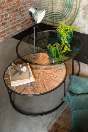 SALE % - Set 2 masute Round, Metal/Sticla/Lemn, Negru/Maro, 91x91x41 cm