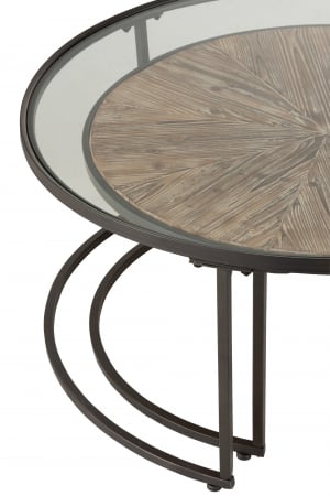Set 2 masute Round, Metal/Sticla/Lemn, Negru/Maro, 91x91x41 cm [6]