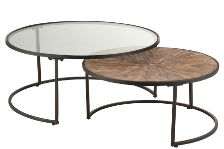 Set 2 masute Round, Metal/Sticla/Lemn, Negru/Maro, 91x91x41 cm [1]