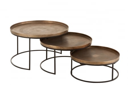 LIVING - Set de 3 masute Round, Aluminiu, Maro/Negru, 78x78x48 cm