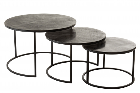 LIVING - Set de 3 masute Round Oxidize, Aluminiu, Negru/Verde, 75x75x40.5 cm