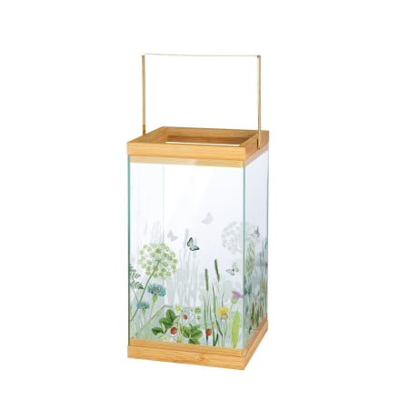 SALE % - Set de 3, Suport lumanare, "Wild Flowers", Motiv floral, Bambus, Sticla, verde, L. 20 cm, l. 21 cm, H. 33 cm