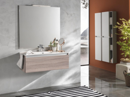 Seturi mobilier baie - Set de baie cu 4 piese PERTH, Melamina/Aluminiu/Abs/Sticla/Ceramica/Metal, Maro, 100x45x190 cm