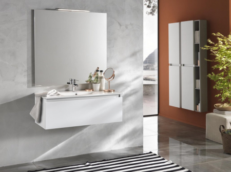 Seturi mobilier baie - Set de baie cu 6 piese PERTH, Melamina/Aluminiu/Abs/Sticla/Ceramica/Metal, Alb, 100x45x190 cm