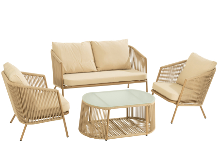 SALE % - Set Eli, 4 piese Canapele/Mesa/Perne, Metal/Frânghie, Bej