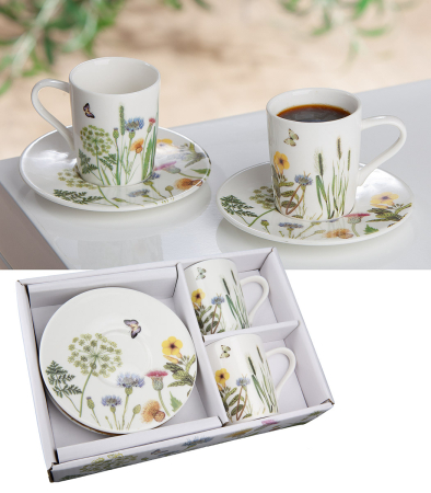 SALE % - Set espresso, "Wild Flowers", Design floral, Portelan, verde, alb, L. 14.3 cm, l. 21.3 cm, H. 6 cm