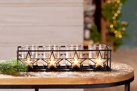 CRACIUN - Sfesnic de Advent, dreptunghiular, „Modern Star”, model stea, metal, transparent, negru, PU 4, L. 7,5 cm, l. 28,5 cm, H 7 cm