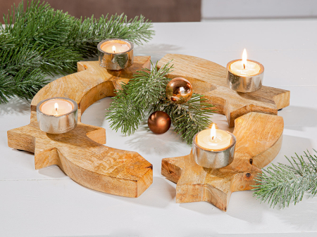 Sfesnic de Advent, rotund, „Sternschnuppen”, motiv stea, lemn de mango, culori naturale, PU 2, H 6 cm, A. 37 cm [2]