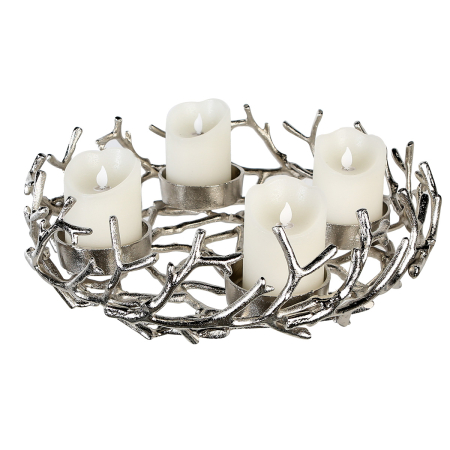 SALE % - Sfesnic de Advent, rotund, „Twigs”, aluminiu, culoare argintie, PU 1, H 12 cm, A. 42 cm